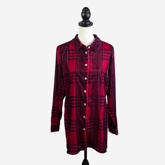 Soft Surroundings Velour Plaid Button Down Tunic Top Size L Long Sleeve - Picture 1 of 10